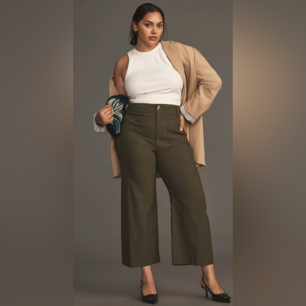 The Colette Magic Fabric Crop Wide-Leg Pants by Maeve - Olive, Sz 33, NWT
